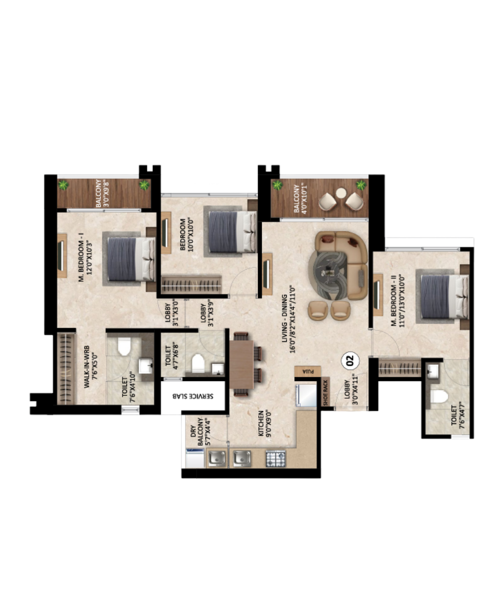 Highness 3 BHK 972 Sq.Ft. Floor Plan